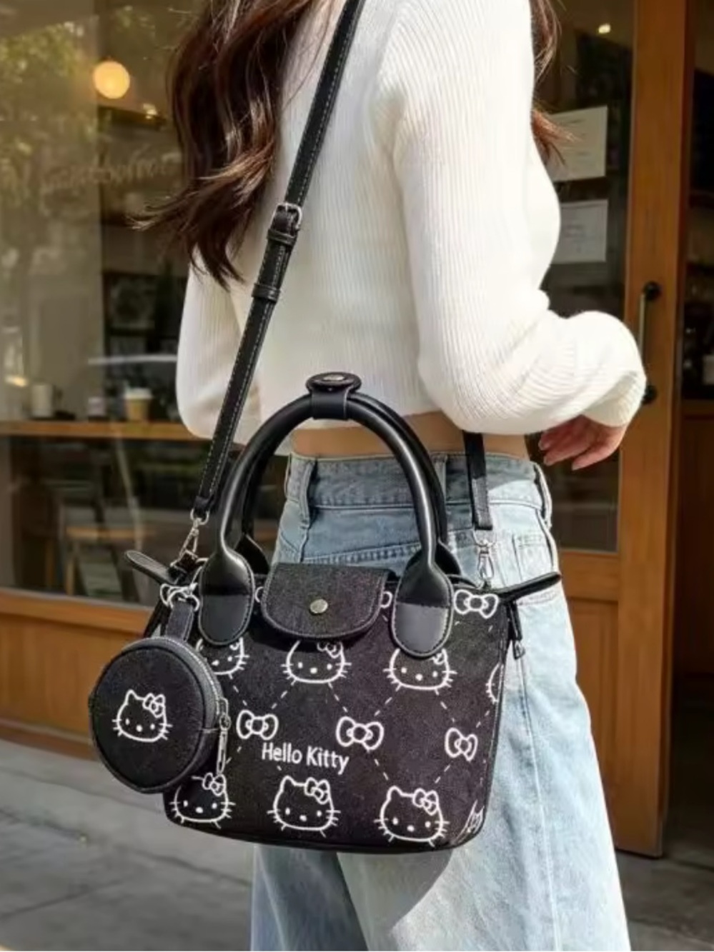 Hello Kitty Black Satchel with Detachable Crossbody Strap